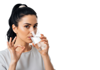 Young caucasian woman with dark hair in a high ponytail sips pure water from a glass, making an 'OK' gesture, on a transparent studio background with copy space, concept of healthy hydration