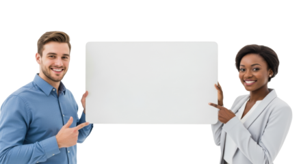 Young caucasian man in blue shirt thumbs-up and african american woman in blazer pointing at a central blank white sign in bright studio, smiling. Concept of positive communication and teamwork