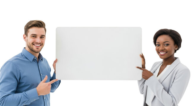Young caucasian man in blue shirt thumbs-up and african american woman in blazer pointing at a central blank white sign in bright studio, smiling. Concept of positive communication and teamwork