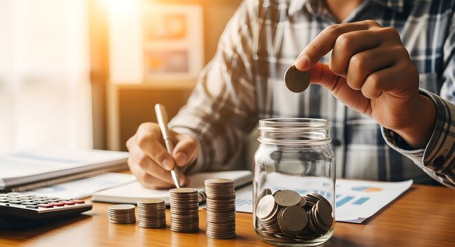 A man is adding a coin to a jar filled with money while working on financial documents and a calculator on a wooden desk.