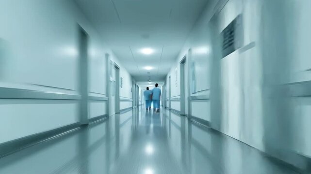 Urgent medical response dynamic motion in sterile hospital hallway with staff moving fast, 4K