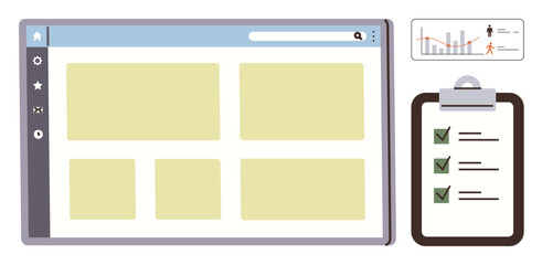 Browser window with widgets, charts, and checklist clipboard for tracking progress. Ideal for workflow, analytics, productivity, collaboration, tasks technology project planning. Simple flat