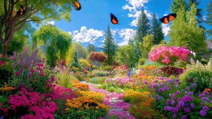 Explore a vibrant garden full of colorful flowers and lush greenery under a bright blue sky, creating a serene atmosphere for relaxation and enjoyment