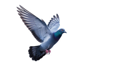 Fototapeta premium A powerful racing pigeon, iridescent blue-grey feathers, wings outstretched, soaring mid-flight against a blurred futuristic digital network background. Concept of swift communication, global reach