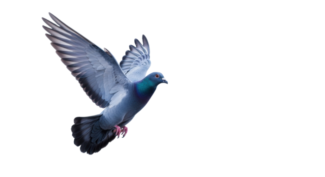 A powerful racing pigeon, iridescent blue-grey feathers, wings outstretched, soaring mid-flight against a blurred futuristic digital network background. Concept of swift communication, global reach - Powered by Adobe