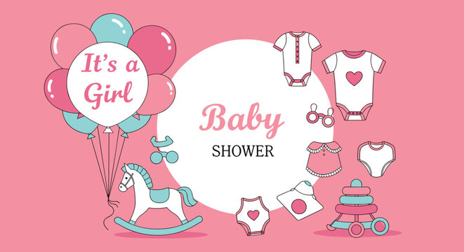 Celebrate a sweet baby girl with a charming shower invitation adorned with balloons, adorable baby clothes, and a delightful rocking horse