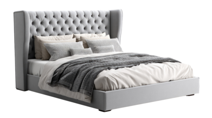 Elegant upholstered bed with tufted wingback headboard, white bedding, and grey textured pillows/throw. Isolated on a transparent background for modern designs. background removed