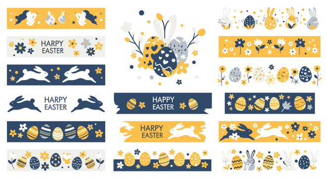 Cheerful spring holiday decorations with easter eggs and bunnies, perfect for festive designs and greeting cards with a happy festive vibe
