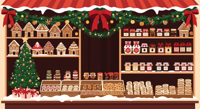 Charming Christmas market stall overflowing with gingerbread houses, cookies, and festive treats, perfect for holiday baking promotions and seasonal designs