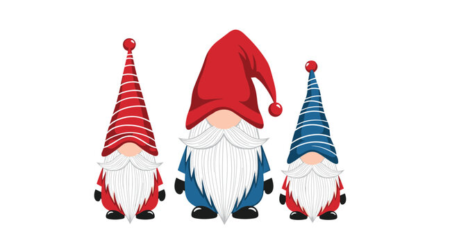 Festive trio of charming Christmas gnomes wearing stylish hats and long beards, perfect for holiday cards and whimsical seasonal designs