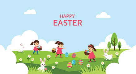 Naklejka premium Charming Easter celebration with happy girls and bunnies in a whimsical springtime meadow, perfect for joyful holiday greetings and festive family fun