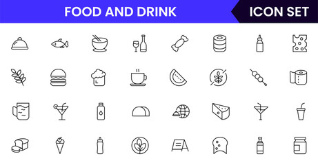 Food and drink web icons in line style. Meal, restaurant, dishes, fruits, fast food, burger, pizza, coffee, sandwich, collection. Vector illustration.