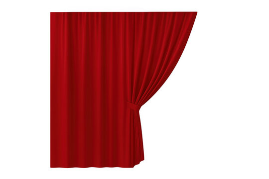 Red stage curtain half pulled back with tie-back, luxurious velvet drapes opening for a theater announcement, transparent background