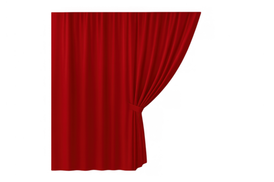 Red stage curtain half pulled back with tie-back, luxurious velvet drapes opening for a theater announcement, transparent background