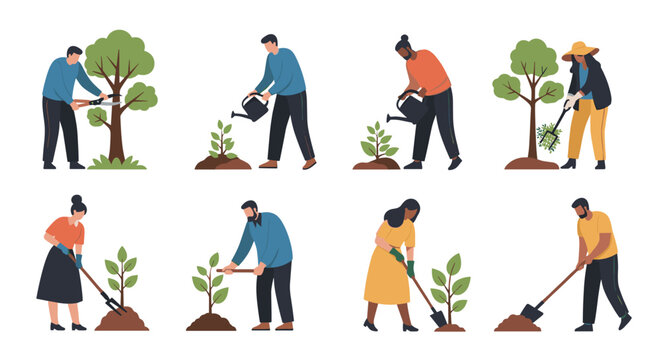 Diverse community planting trees and gardening for a sustainable future, promoting environmental awareness and green initiatives for a better planet