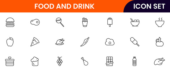 Food and drink web icons in line style. Meal, restaurant, dishes, fruits, fast food, burger, pizza, coffee, sandwich, collection. Vector illustration.