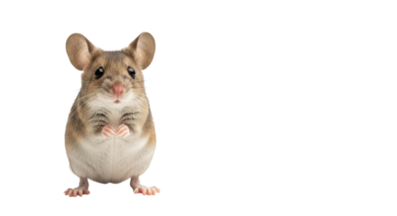 An ultra-realistic wild mouse with brown fur, large ears, and long whiskers, standing upright, gazing innocently at camera on a transparent background. Concept of curiosity and discovery.