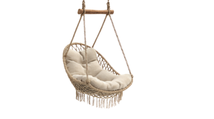 Stylish macrame hanging chair with a soft beige cushion, suspended from a wooden bar. A cozy, bohemian seating option for relaxation. background removed