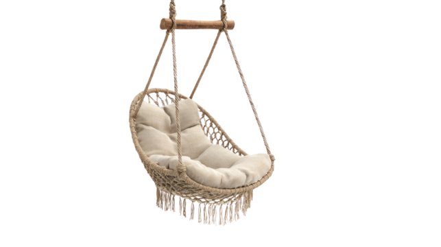 Stylish macrame hanging chair with a soft beige cushion, suspended from a wooden bar. A cozy, bohemian seating option for relaxation. background removed