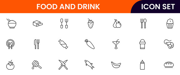Food and drink web icons in line style. Meal, restaurant, dishes, fruits, fast food, burger, pizza, coffee, sandwich, collection. Vector illustration.