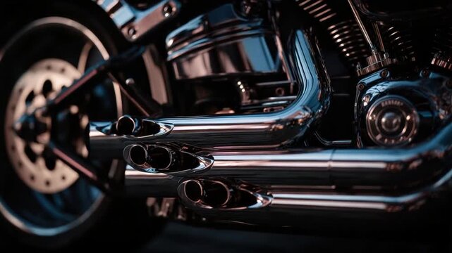 A shiny motorcycle engine and exhaust system, showcasing chrome details and a shallow depth of field