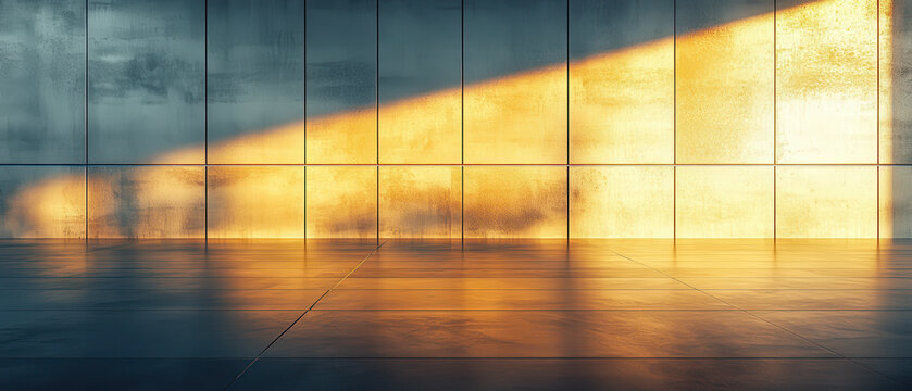 Modern glass wall interior illuminated by warm sunset light casting dramatic reflections across polished floor creating minimalist architectural background with clean lines geometric structure and atm