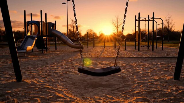 Empty Swing Moving Gently in a Quiet Playground at Sunset &ndash; AI Generated