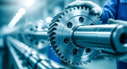 A worker wearing gloves holds a large, shiny, metal gear on a shaft in a manufacturing environment.