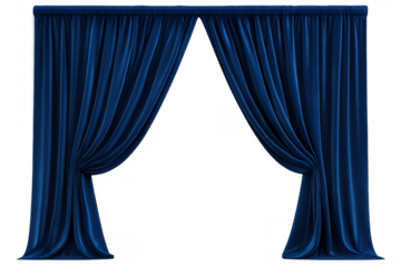 Blue velvet stage curtains opening, draping elegant theater backdrop design with dramatic rich fabric texture