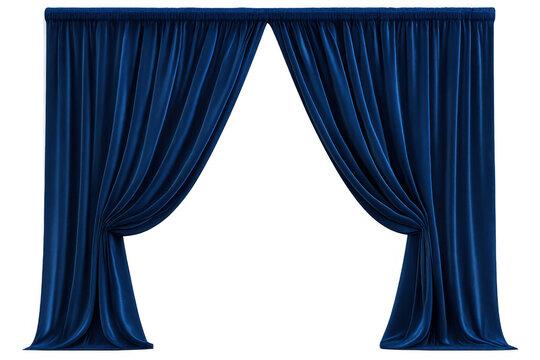 Blue velvet stage curtains opening, draping elegant theater backdrop design with dramatic rich fabric texture