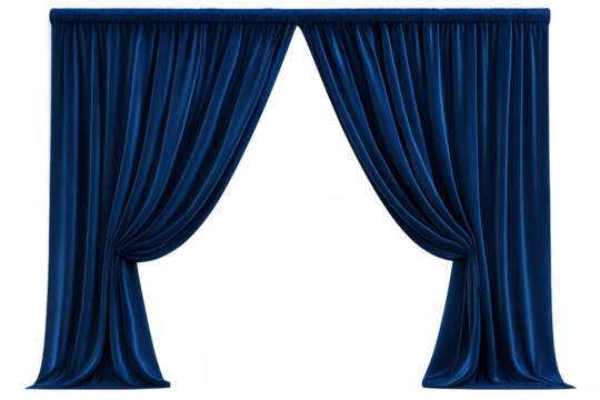 Blue velvet stage curtains opening, draping elegant theater backdrop design with dramatic rich fabric texture