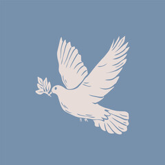 Flat vector illustration of dove with olive branch
