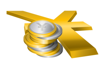 A stack of gold and silver coins to the left of yuan currency symbol. Money and symbol concepts isolated on transparent.