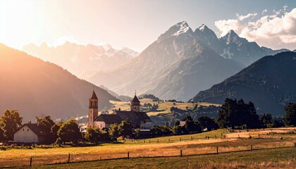 A picturesque village nestled in a valley, featuring a church with twin spires, surrounded by rolling hills and majestic snow-capped mountains under a golden su