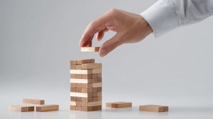 Hand placing block on wooden tower; risk game