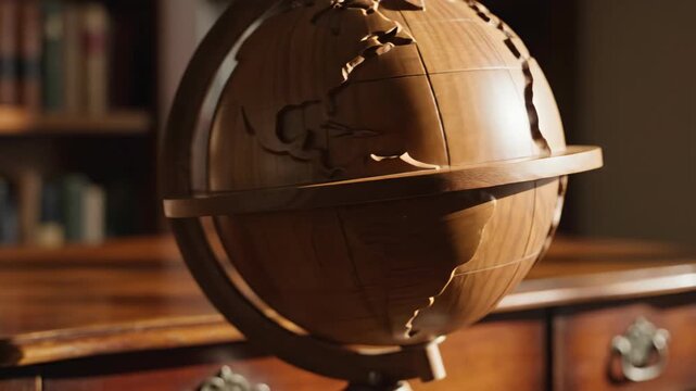 Wooden globe with carved continents atop a wooden desk in a library setting highlighted by a warm light source
