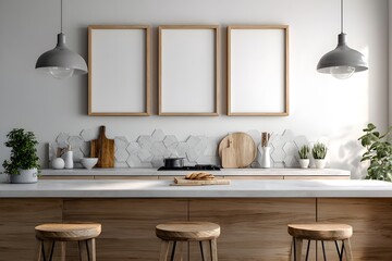 Fototapeta premium Moderne helle Küche mit drei leeren Bilderrahmen 