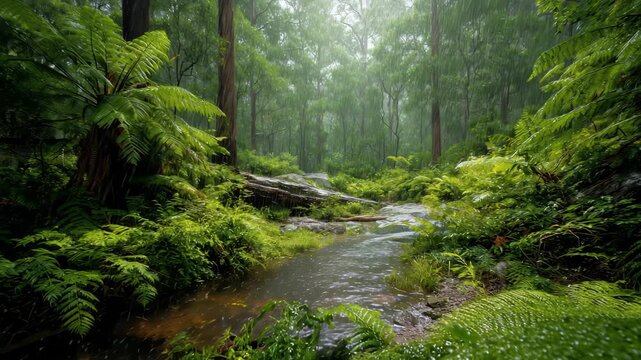 Rain falls gently on lush green ferns and a small stream flowing through a serene forest landscape in the midst of a rainy day