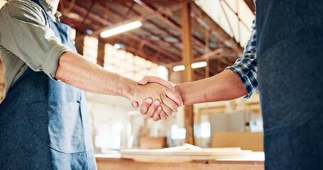 People, carpenter and handshake with deal for agreement, partnership or b2b in workshop. Employees,...