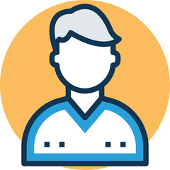 Simple Icon of a Man with Gray Hair and Blue and White Shirt Against a Transparent Background and Yellow Circle Outline Vector Illustration