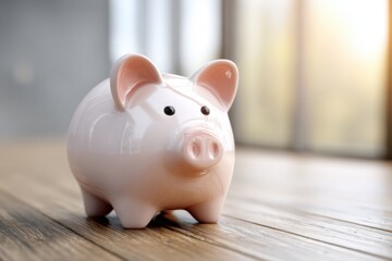 Piggy bank sitting on wooden floor in bright room represents savings and financial planning for future goals and dreams