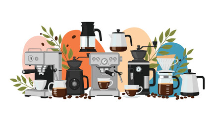 Stylish coffee brewing methods and equipment for cafe menu design or coffee shop promotion, appealing cafe concept and design, delicious coffee time