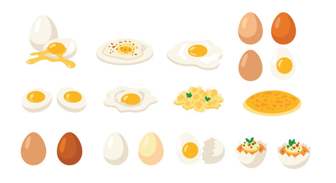 Delicious egg illustrations for your cooking blog or recipe book project, featuring fried, scrambled, and boiled eggs in a fun style