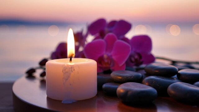 A lit candle with orchids and stones by the water at sunset