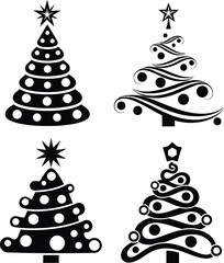 Highly stylized Christmas tree icons set in black and white, featuring abstract swirls, circles, and decorative star toppers.