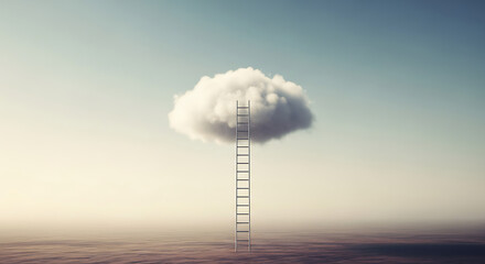 A ladder leads to a solitary cloud floating in a vast, surreal landscape under a clear sky