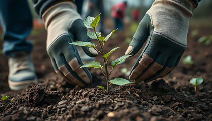 Woman gardener hands planting tree in soil outdoors