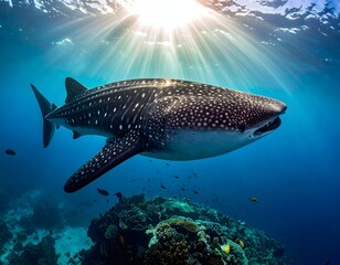 Fototapeta premium A majestic whale shark gliding through clear blue tropical waters