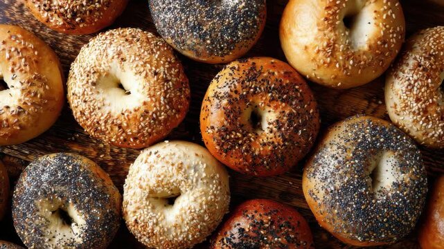 Freshly baked bagels ready for a delicious breakfast with a variety of plain, sesame, and poppy seed toppings at a local bakery