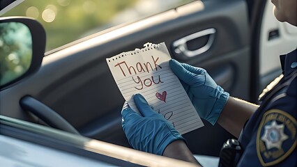Police Officer in a Car Holding a Thank You Note